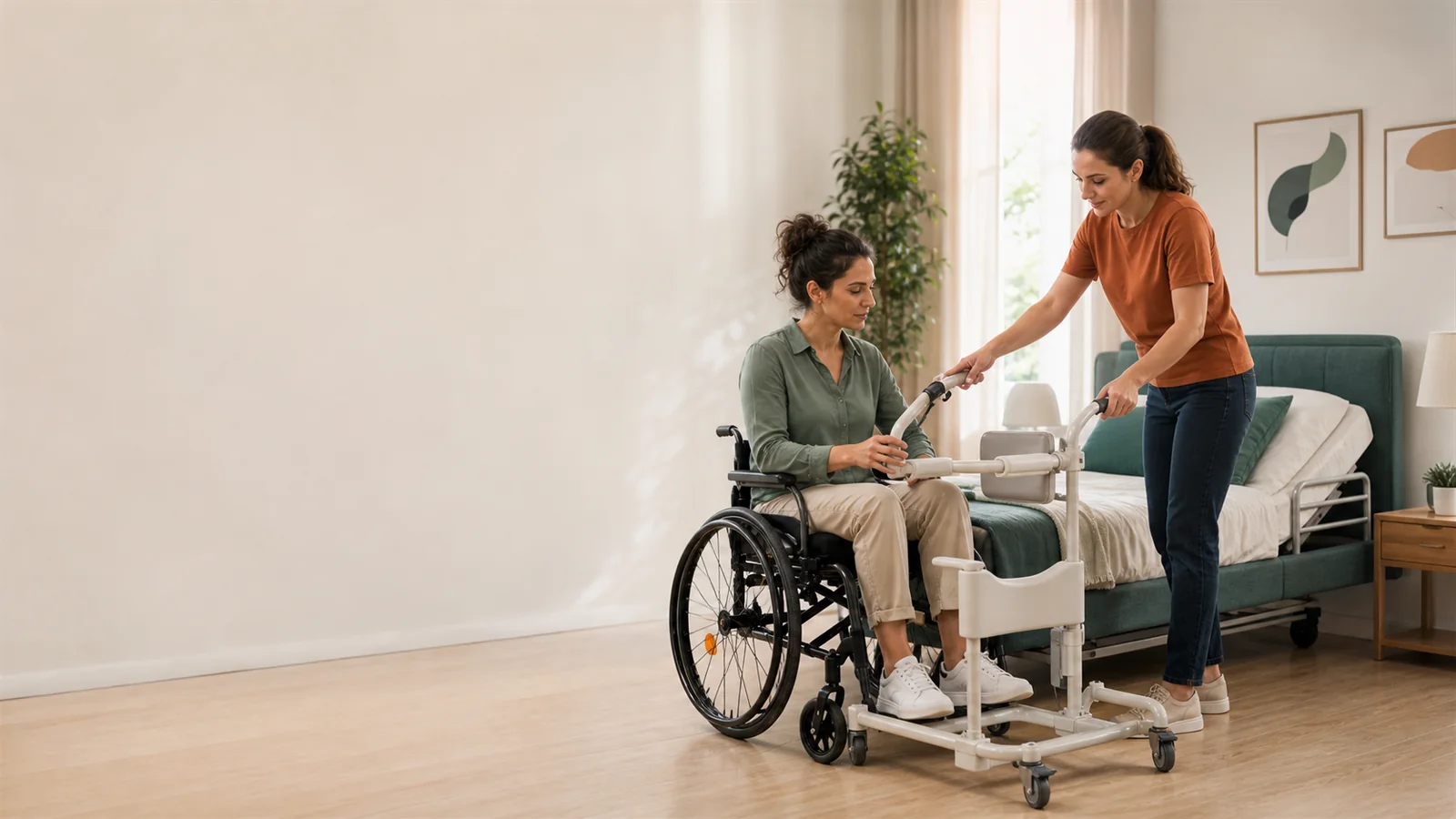Aydınlık bir ev ortamında modern tekerlekli sandalye ve yardımcı cihazlar